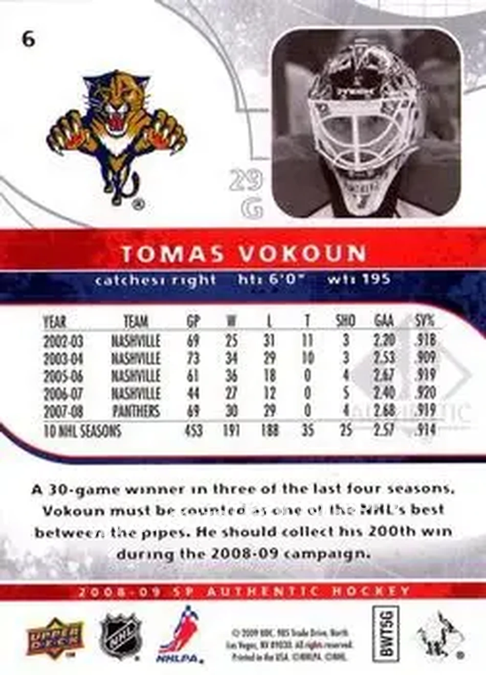 2008-09 SP Authentic #6 - Tomas Vokoun - Florida Panthers - Back 2008-09 SP Authentic #6 - Tomas Vokoun - Florida Panthers - Back