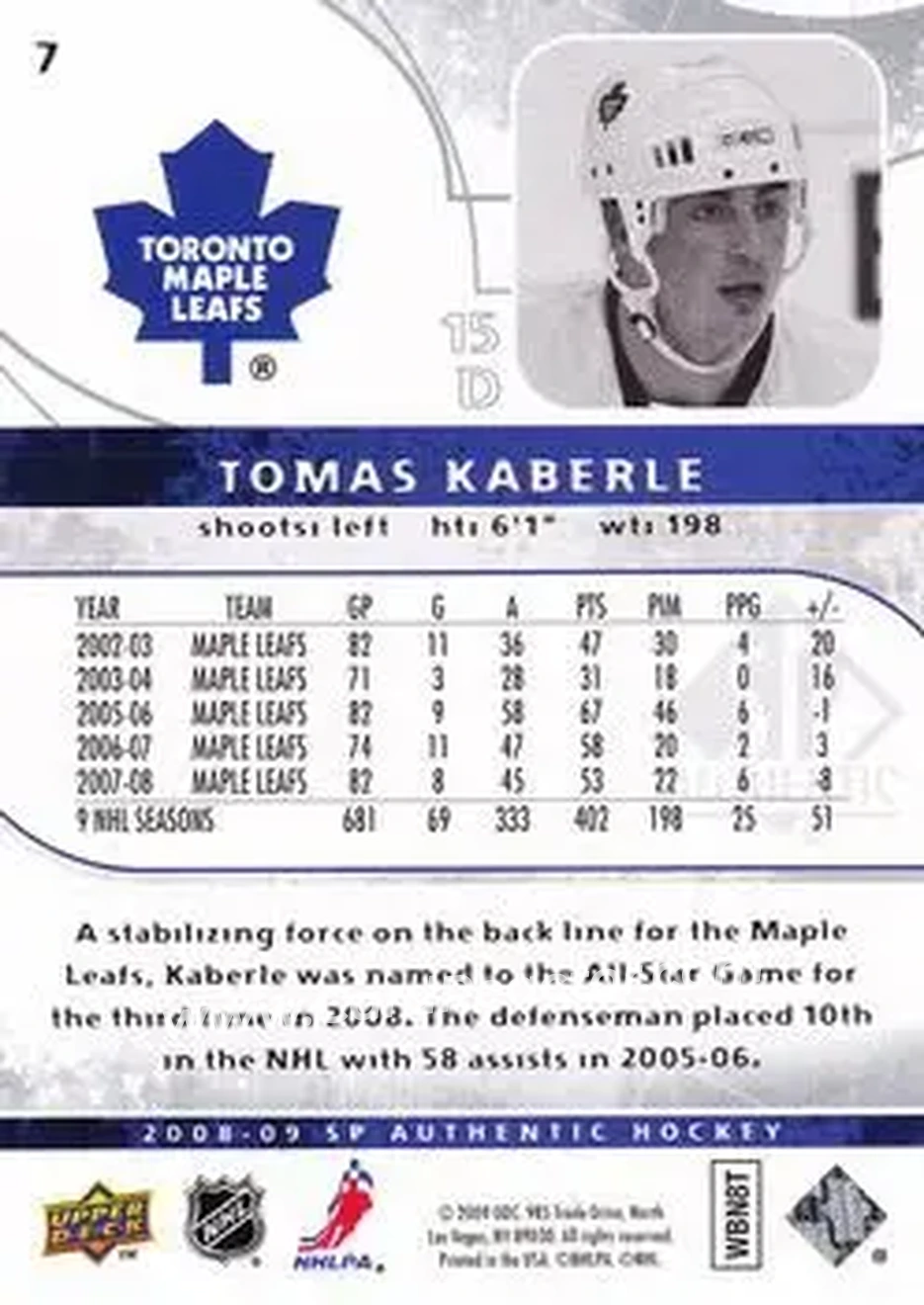 2008-09 SP Authentic #7 - Tomas Kaberle - Toronto Maple Leafs - Back