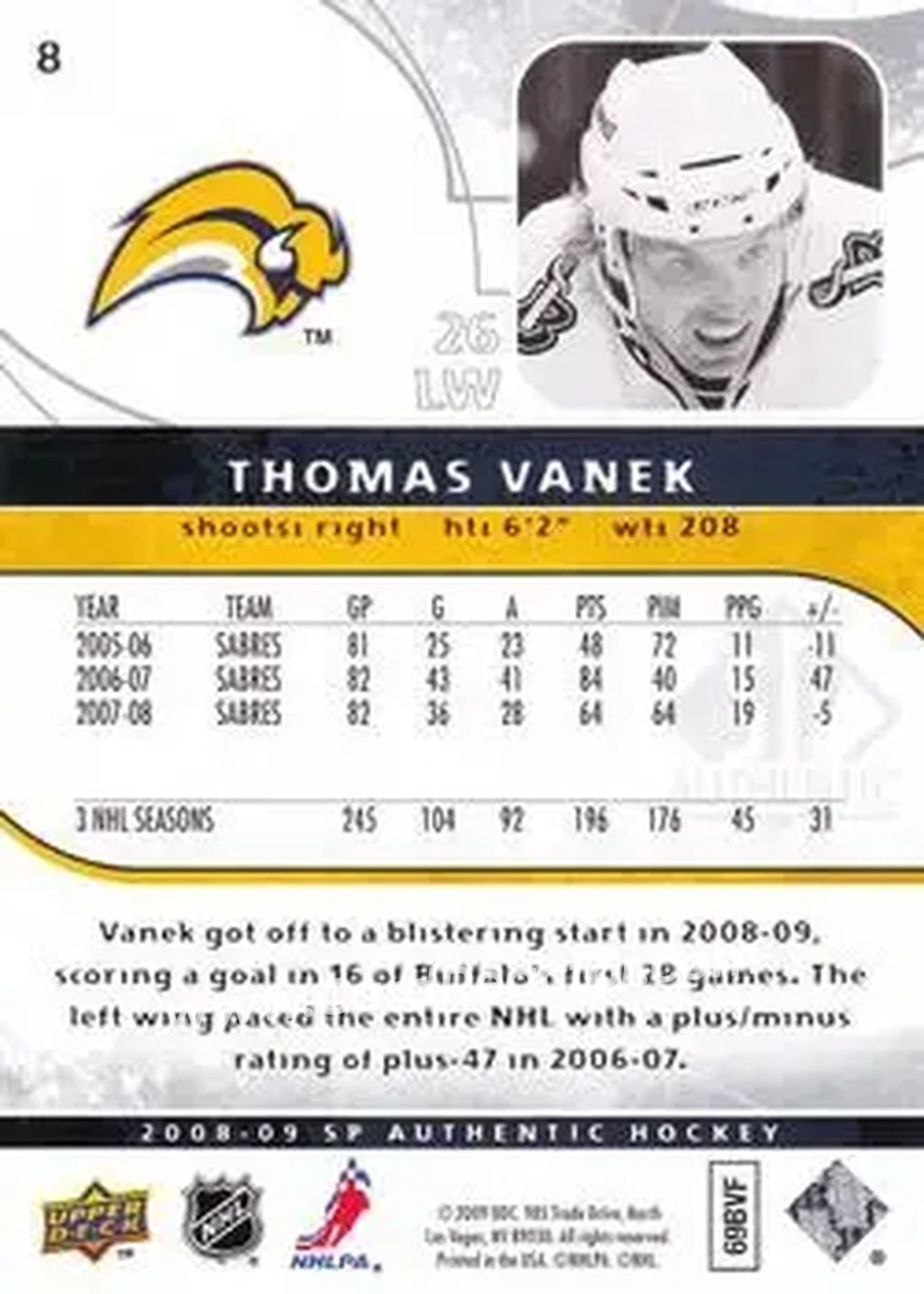 2008-09 SP Authentic #8 - Thomas Vanek - Buffalo Sabres - Back