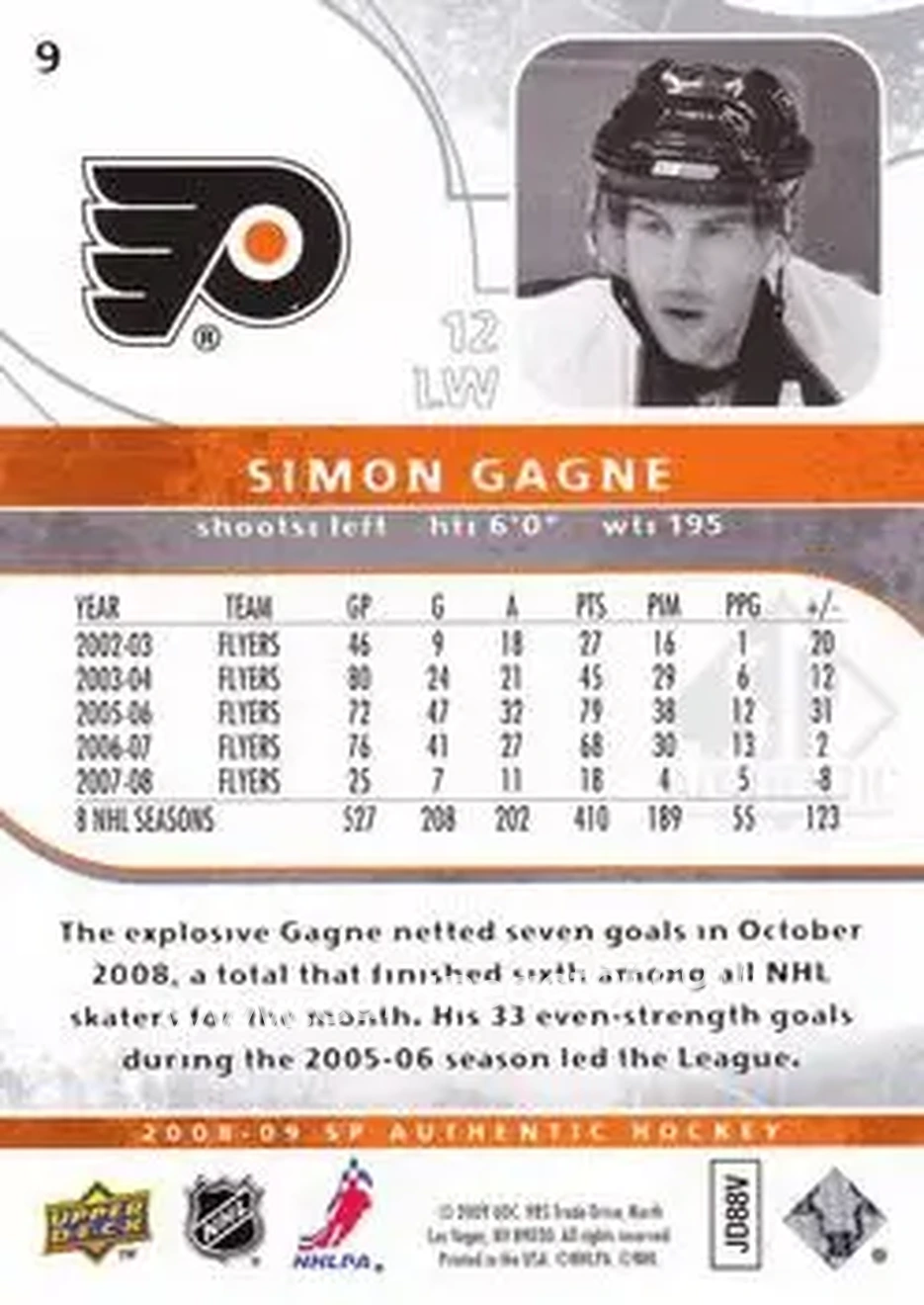 2008-09 SP Authentic #9 - Simon Gagne - Philadelphia Flyers - Back