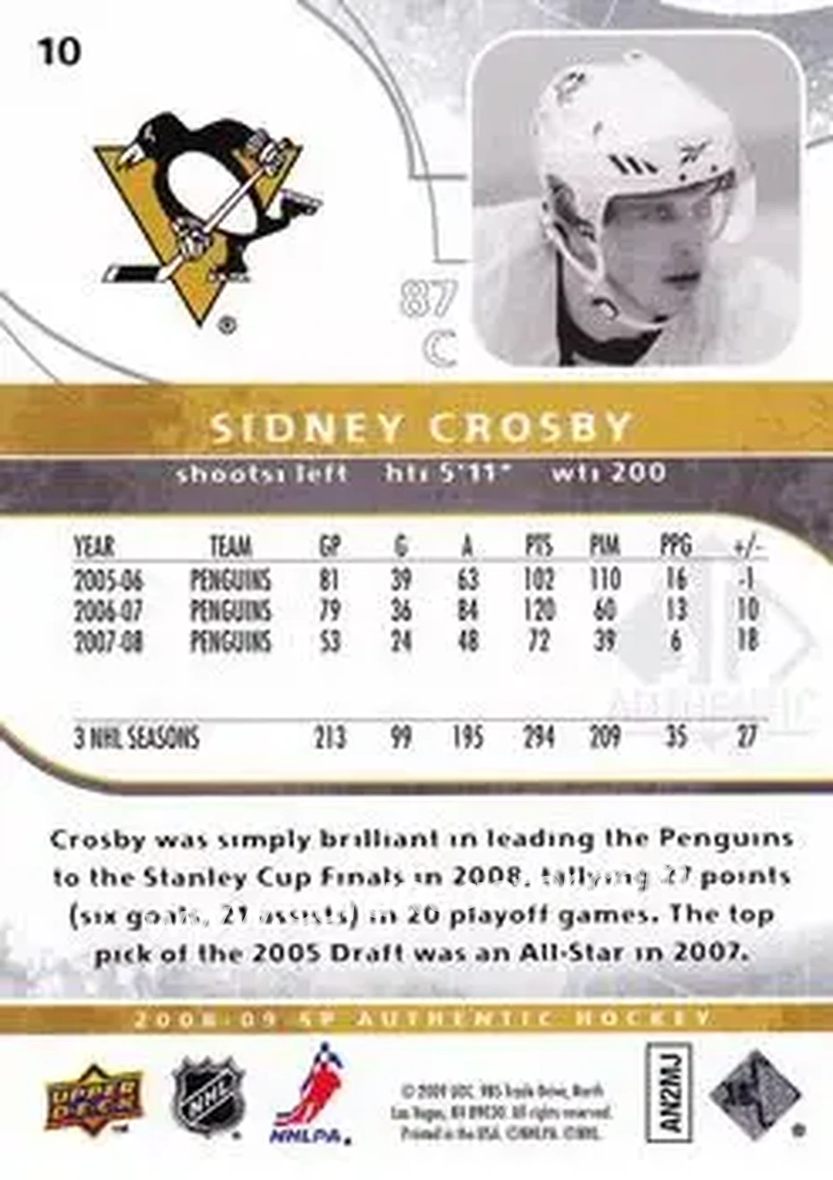 2008-09 SP Authentic #10 - Sidney Crosby - Pittsburgh Penguins - Back