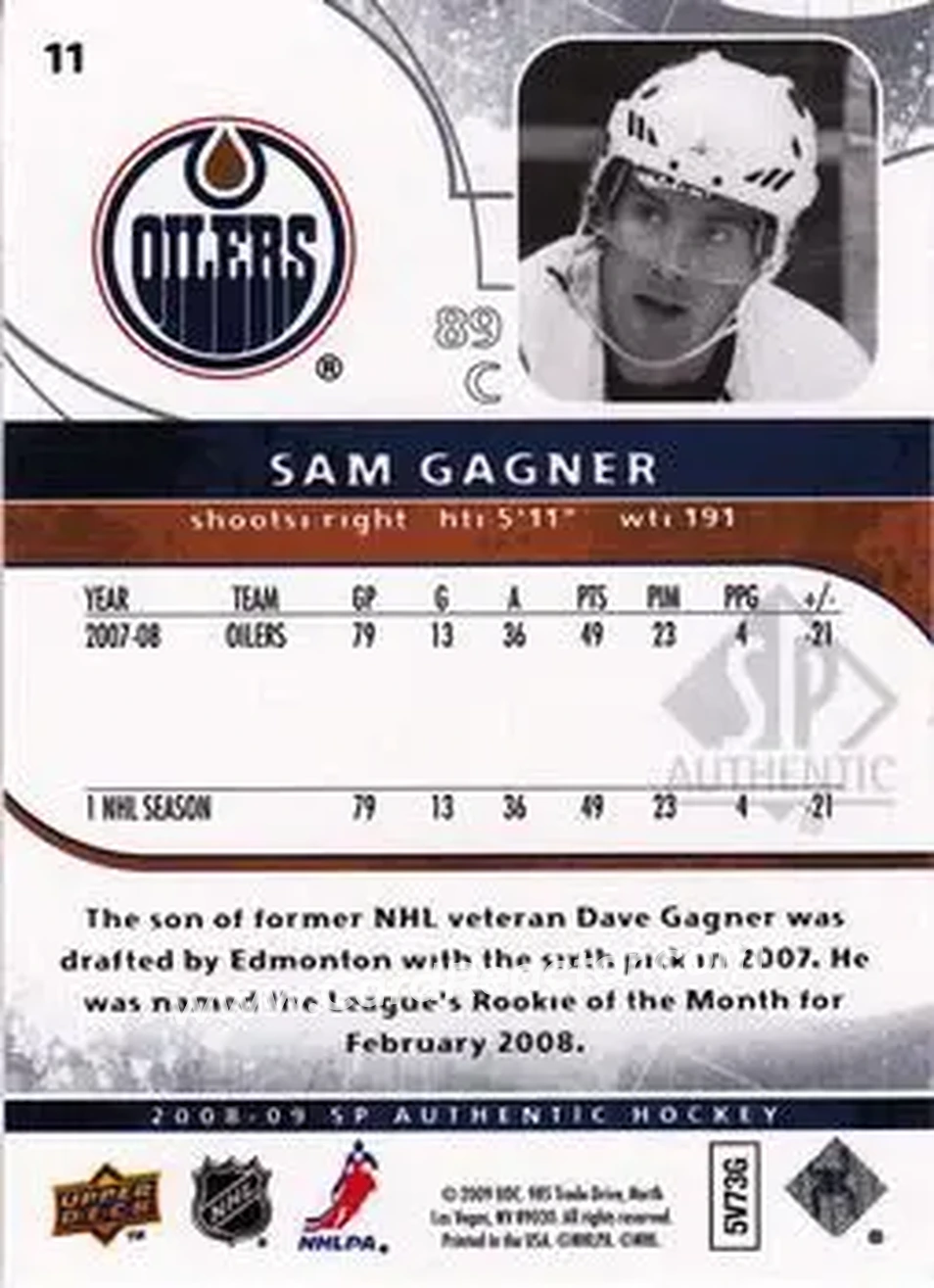 2008-09 SP Authentic #11 - Sam Gagner - Edmonton Oilers - Back