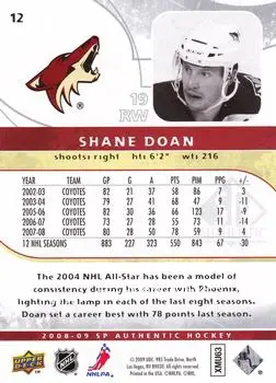 2008-09 SP Authentic #12 - Shane Doan - Phoenix Coyotes - Back