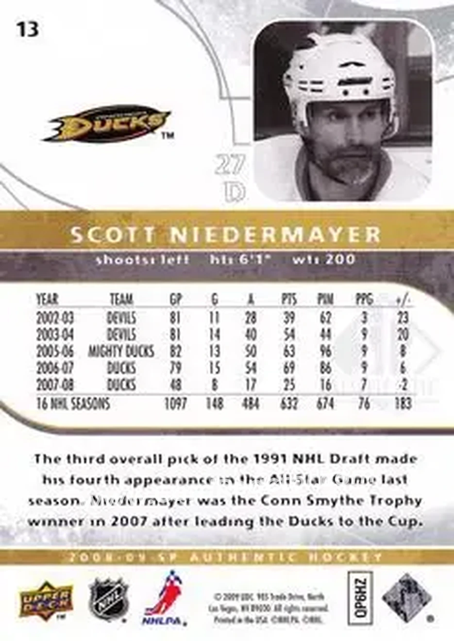 2008-09 SP Authentic #13 - Scott Niedermayer - Anaheim Ducks - Back