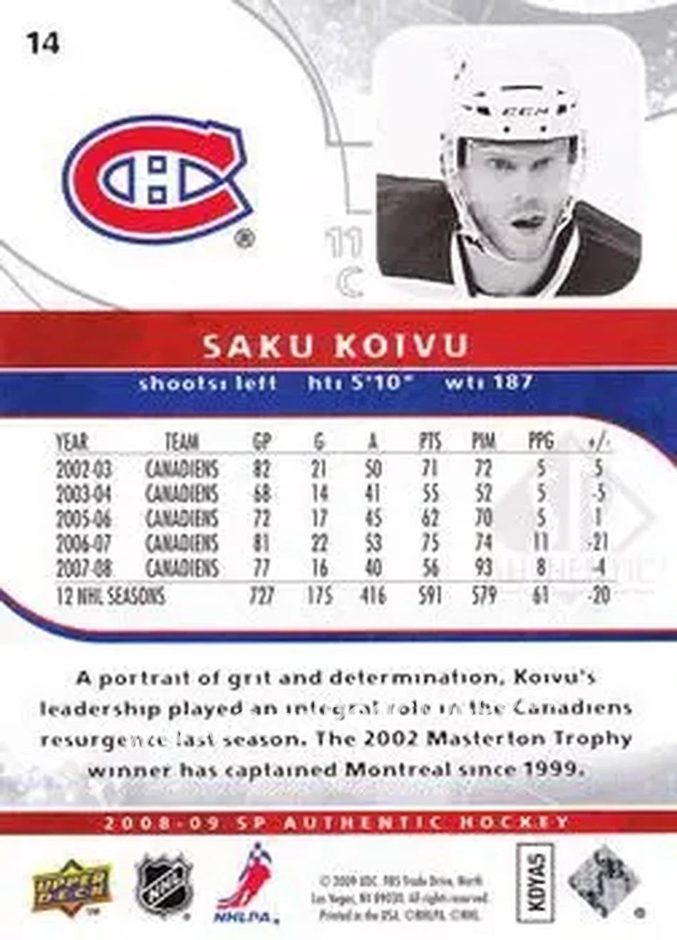 2008-09 SP Authentic #14 - Saku Koivu - Montreal Canadiens - Back