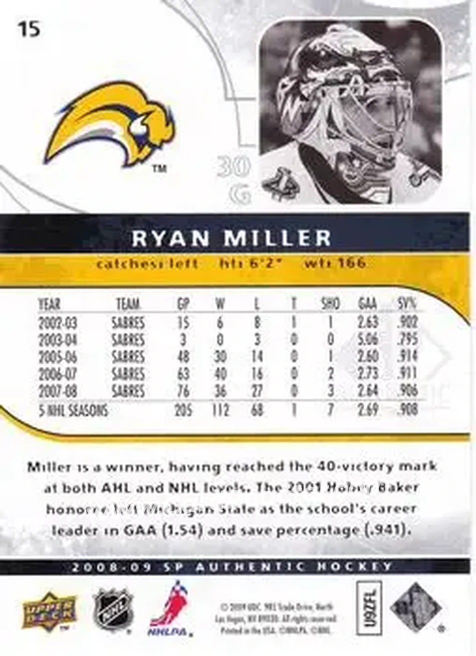 2008-09 SP Authentic #15 - Ryan Miller - Buffalo Sabres - Back