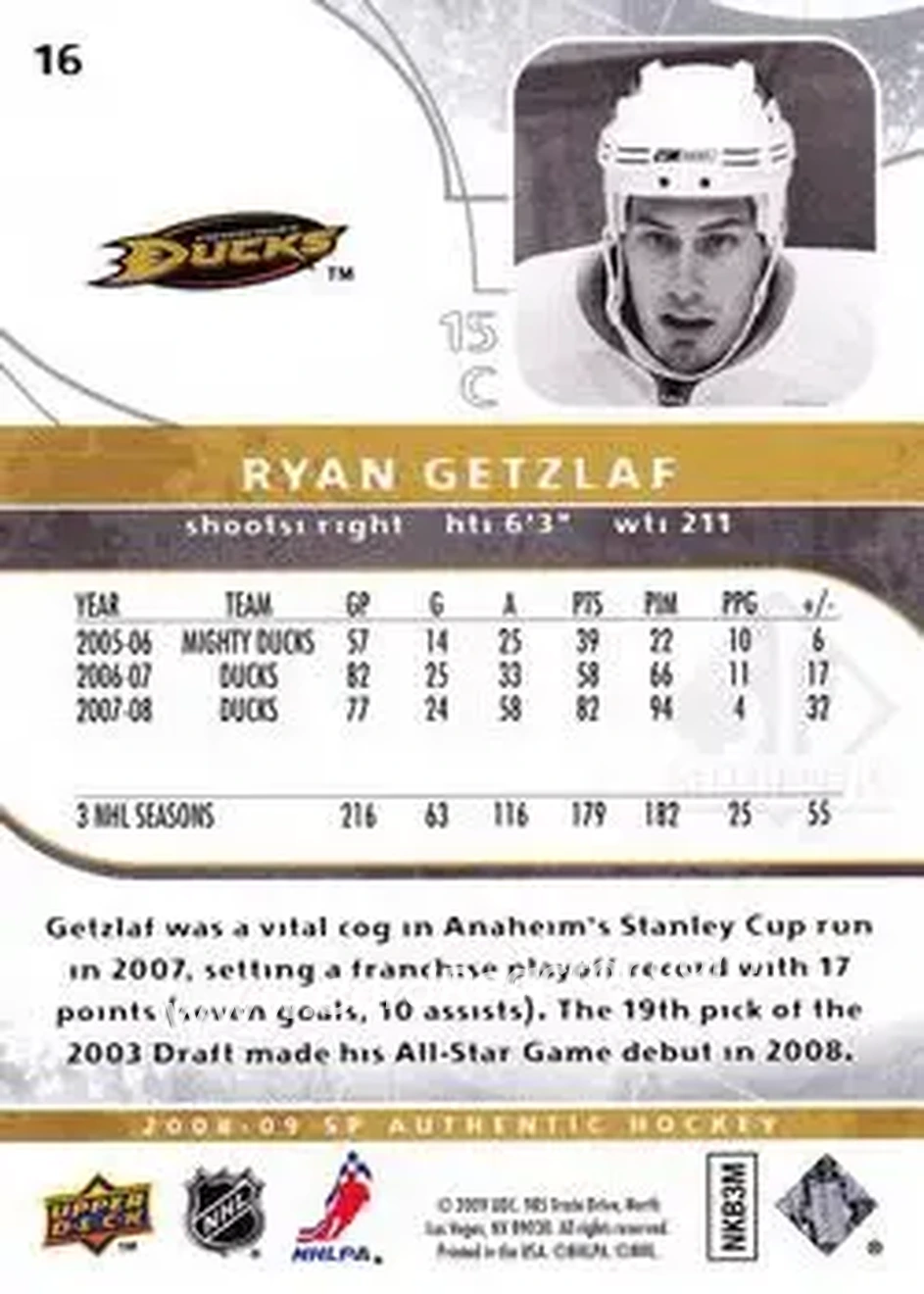 2008-09 SP Authentic #16 - Ryan Getzlaf - Anaheim Ducks - Back