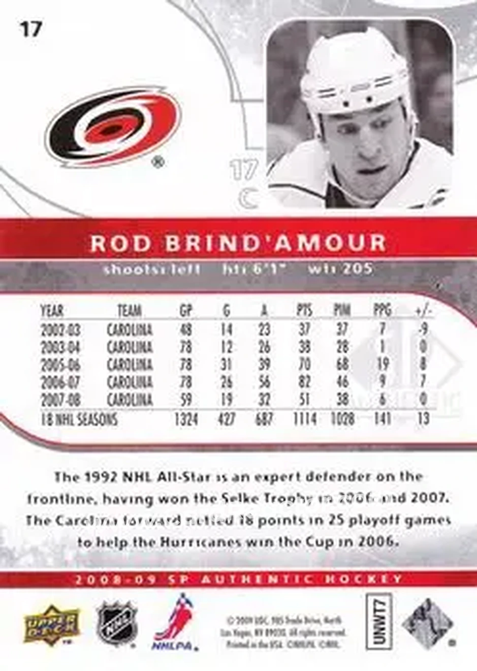 2008-09 SP Authentic #17 - Rod Brind`Amour - Carolina Hurricanes - Back