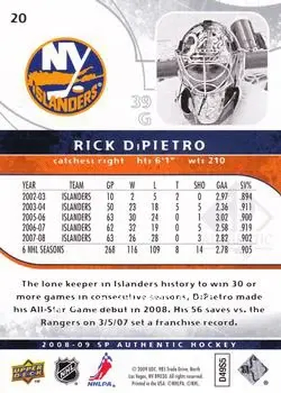 2008-09 SP Authentic #20 - Rick DiPietro - New York Islanders - Back