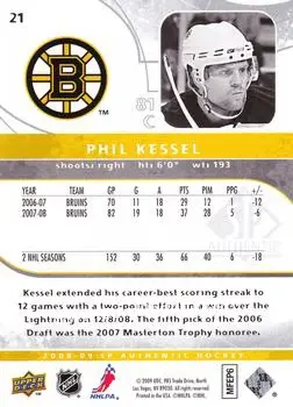 2008-09 SP Authentic #21 - Phil Kessel - Boston Bruins - Back