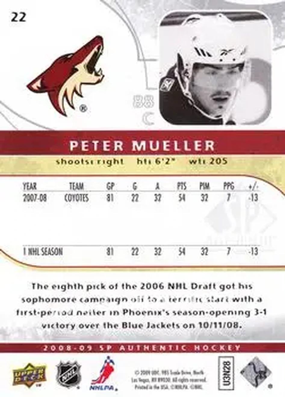 2008-09 SP Authentic #22 - Peter Mueller - Phoenix Coyotes - Back 2008-09 SP Authentic #22 - Peter Mueller - Phoenix Coyotes - Back