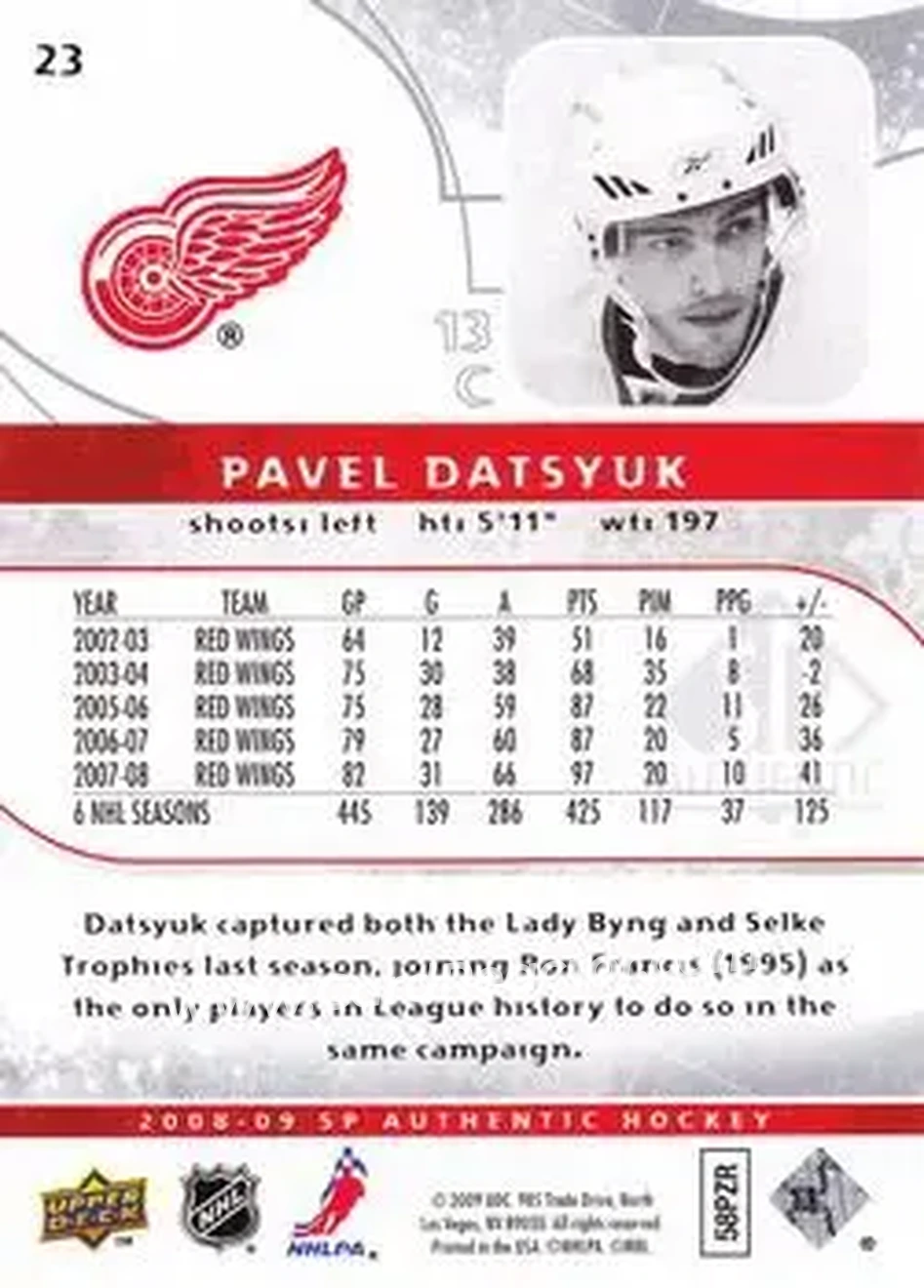 2008-09 SP Authentic #23 - Pavel Datsyuk - Detroit Red Wings - Back