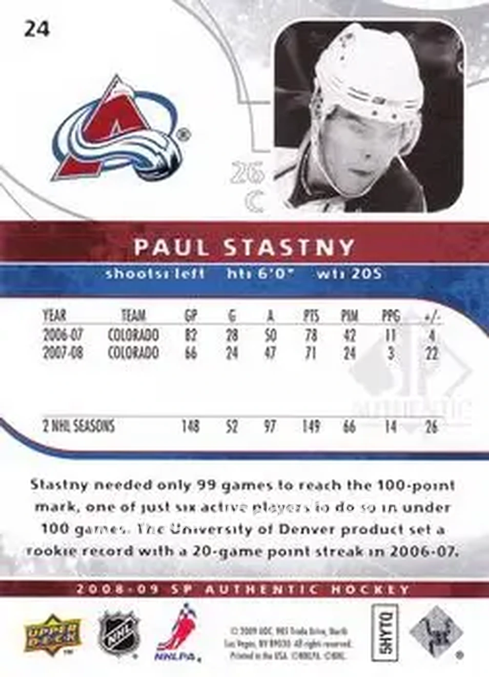 2008-09 SP Authentic #24 - Paul Stastny - Colorado Avalanche - Back