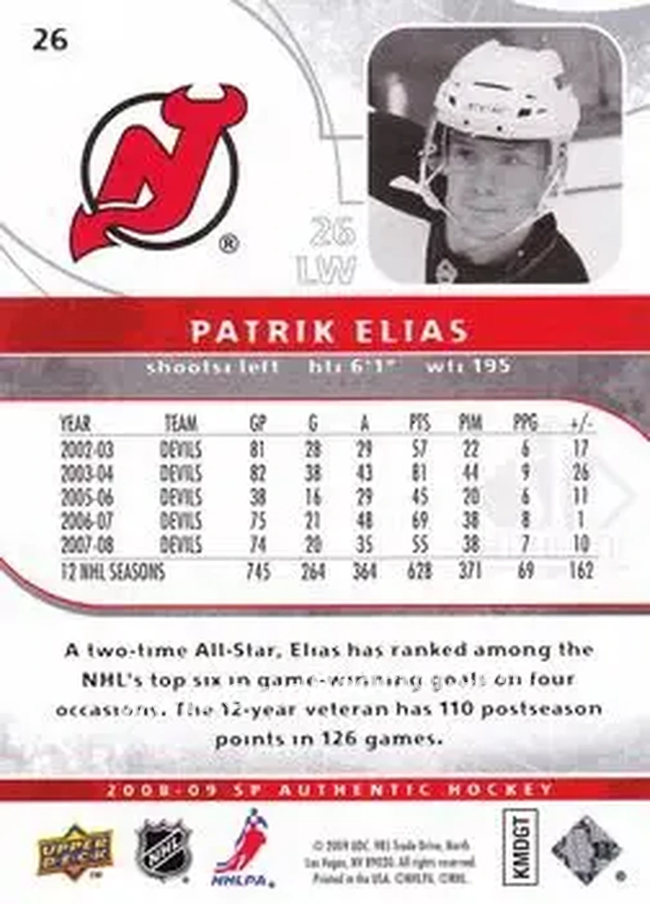 2008-09 SP Authentic #26 - Patrik Elias - New Jersey Devils - Back