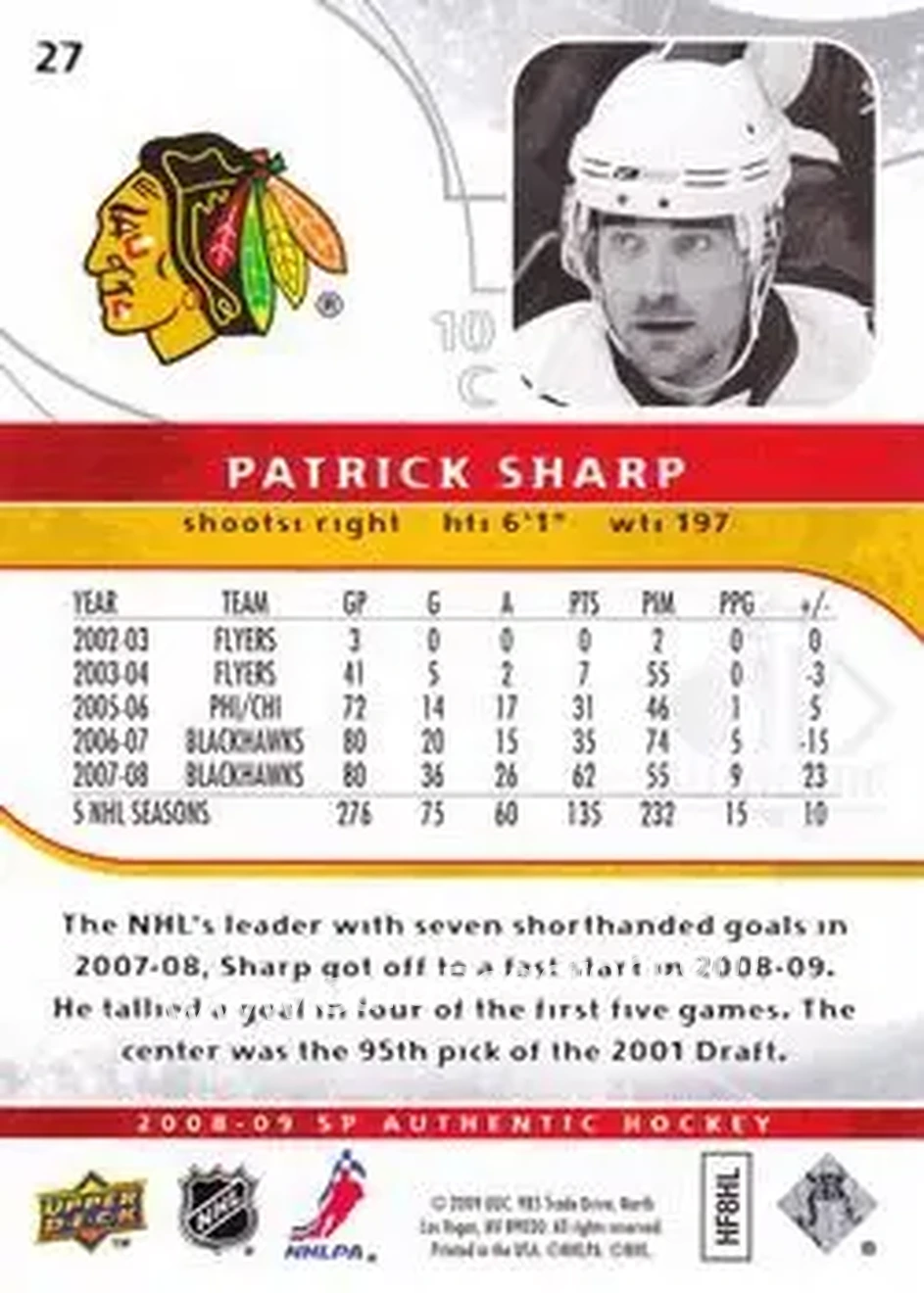 2008-09 SP Authentic #27 - Patrick Sharp - Chicago Blackhawks - Back