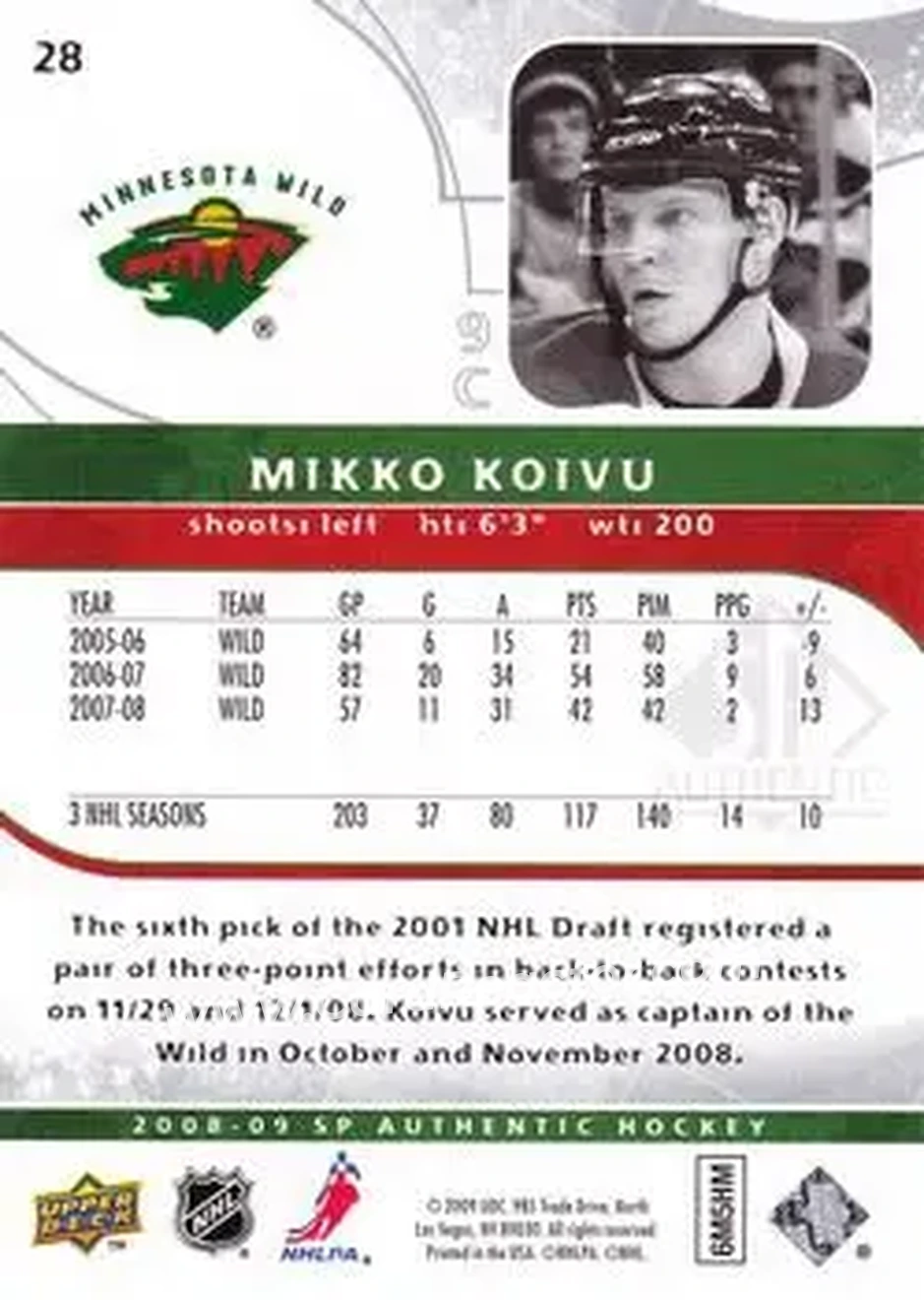 2008-09 SP Authentic #28 - Mikko Koivu - Minnesota Wild - Back 2008-09 SP Authentic #28 - Mikko Koivu - Minnesota Wild - Back