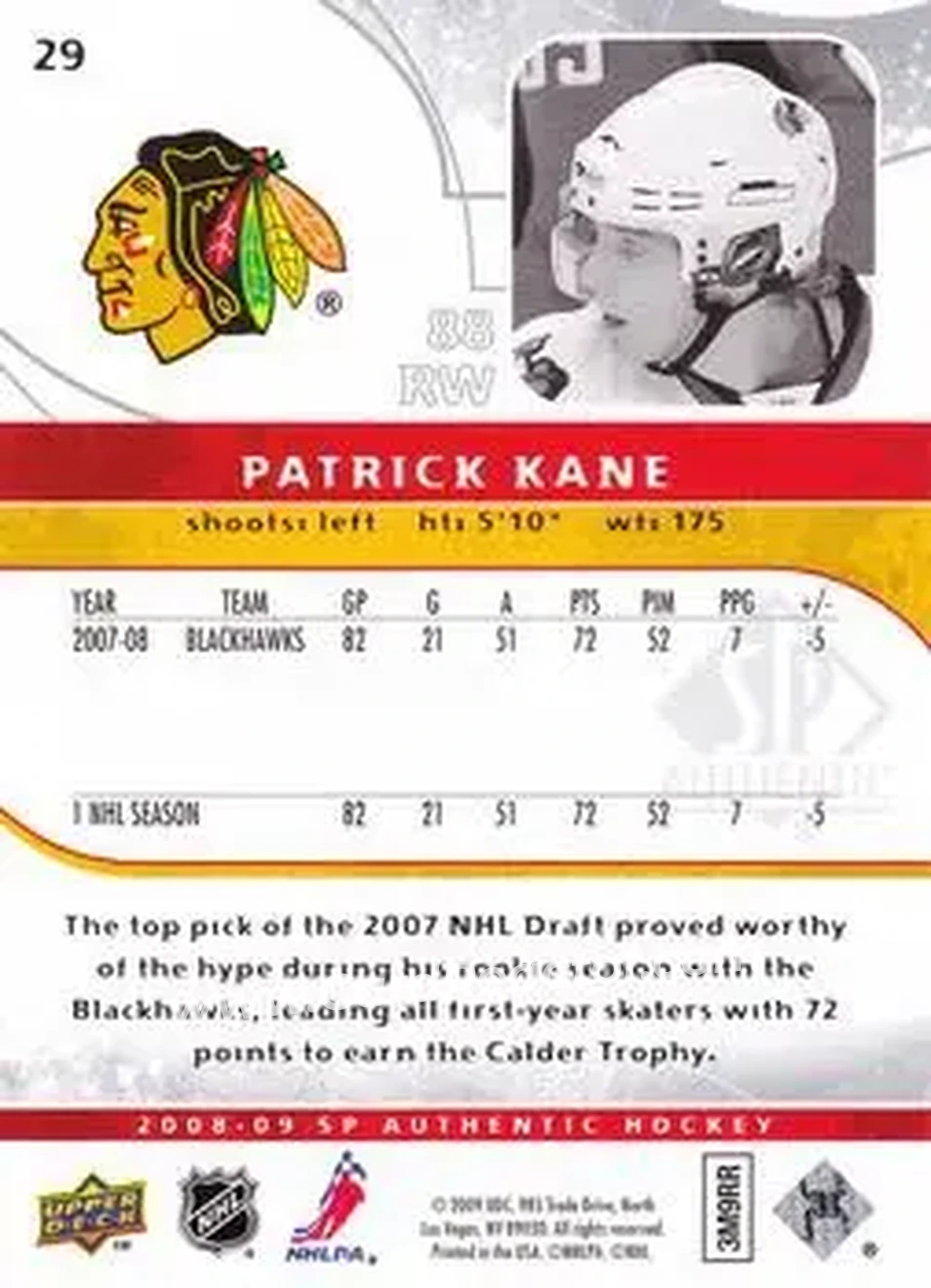 2008-09 SP Authentic #29 - Patrick Kane - Chicago Blackhawks - Back