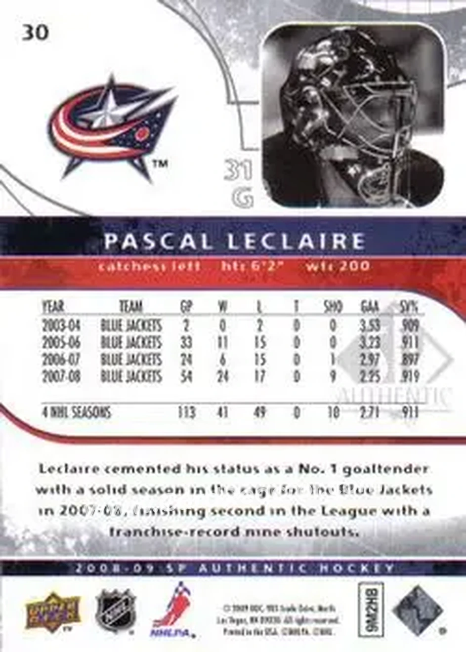2008-09 SP Authentic #30 - Pascal Leclaire - Columbus Blue Jackets - Back 2008-09 SP Authentic #30 - Pascal Leclaire - Columbus Blue Jackets - Back