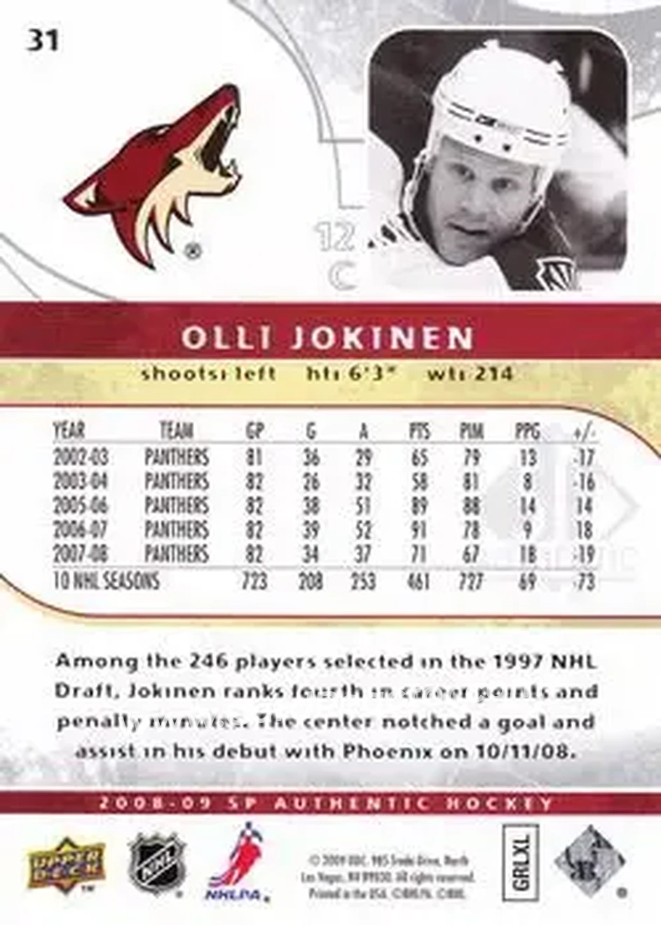 2008-09 SP Authentic #31 - Olli Jokinen - Phoenix Coyotes - Back 2008-09 SP Authentic #31 - Olli Jokinen - Phoenix Coyotes - Back