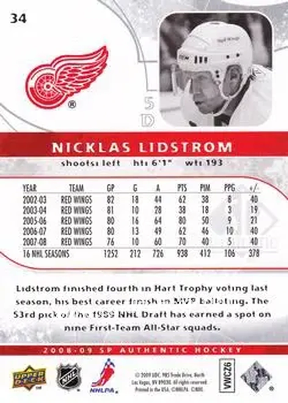 2008-09 SP Authentic #34 - Nicklas Lidstrom - Detroit Red Wings - Back
