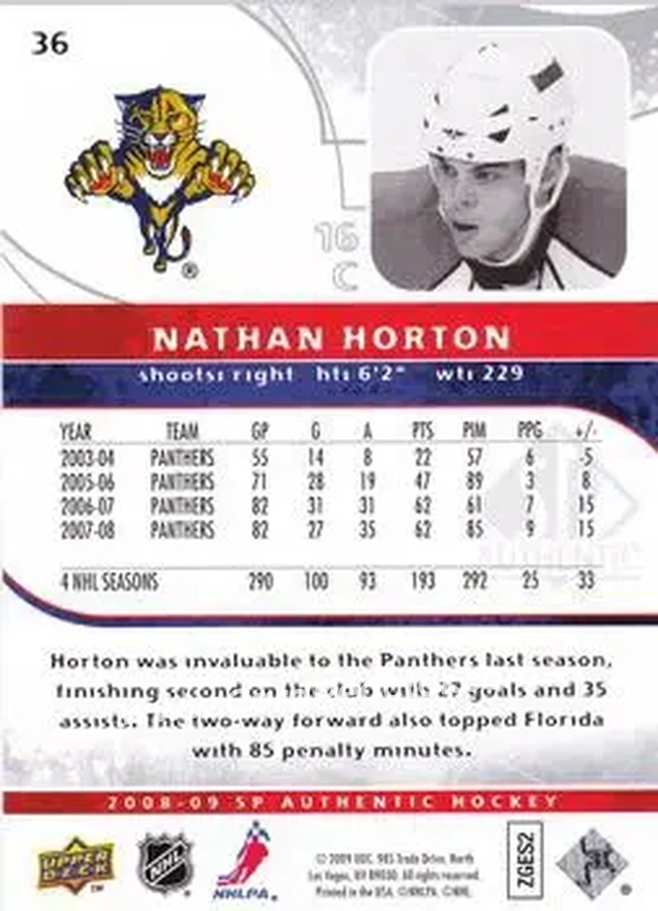 2008-09 SP Authentic #36 - Nathan Horton - Florida Panthers - Back