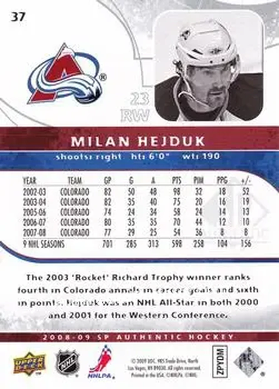 2008-09 SP Authentic #37 - Milan Hejduk - Colorado Avalanche - Back
