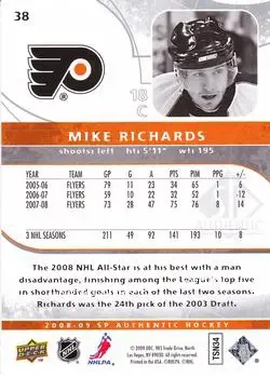 2008-09 SP Authentic #38 - Mike Richards - Philadelphia Flyers - Back 2008-09 SP Authentic #38 - Mike Richards - Philadelphia Flyers - Back