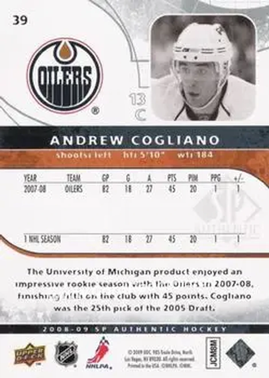 2008-09 SP Authentic #39 - Andrew Cogliano - Edmonton Oilers - Back