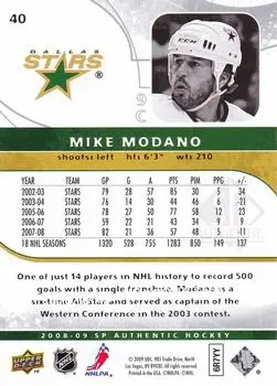 2008-09 SP Authentic #40 - Mike Modano - Dallas Stars - Back 2008-09 SP Authentic #40 - Mike Modano - Dallas Stars - Back