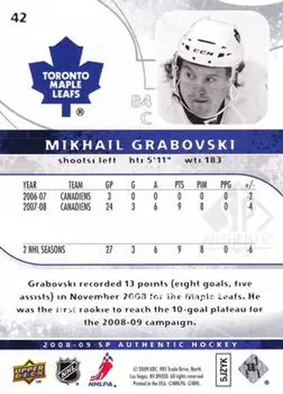 2008-09 SP Authentic #42 - Mikhail Grabovski - Toronto Maple Leafs - Back