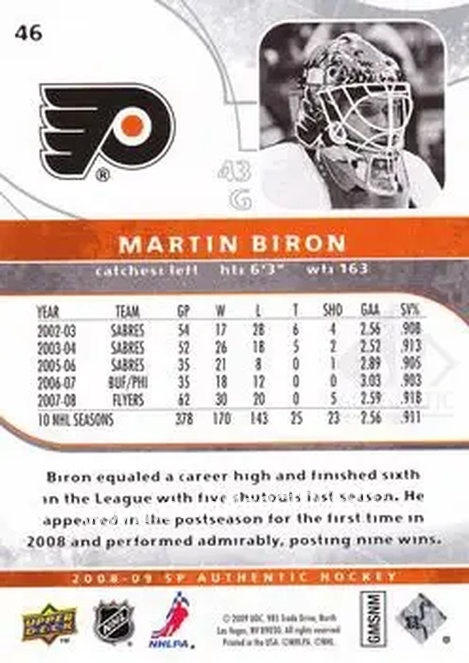 2008-09 SP Authentic #46 - Martin Biron - Philadelphia Flyers - Back