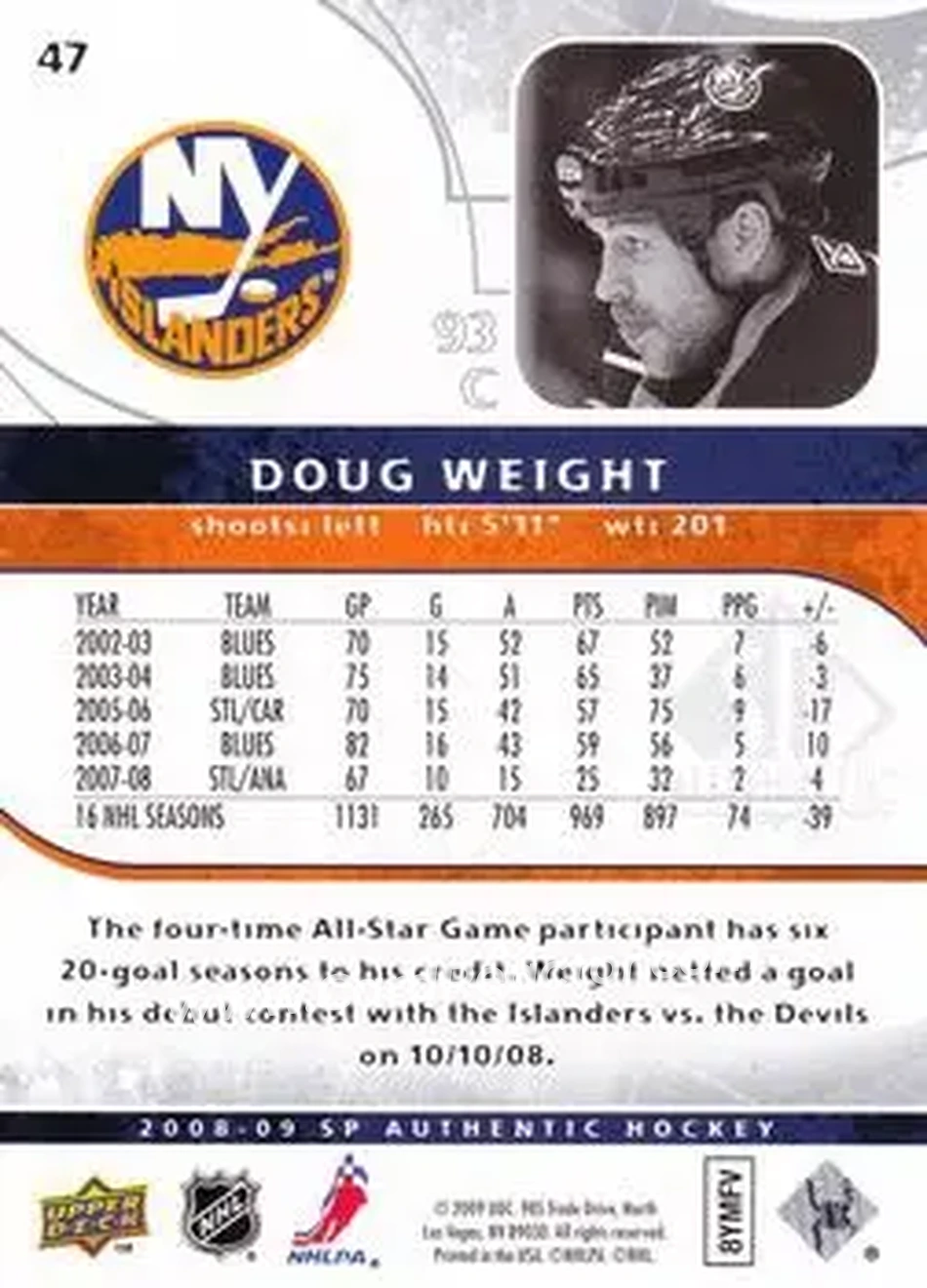 2008-09 SP Authentic #47 - Doug Weight - New York Islanders - Back