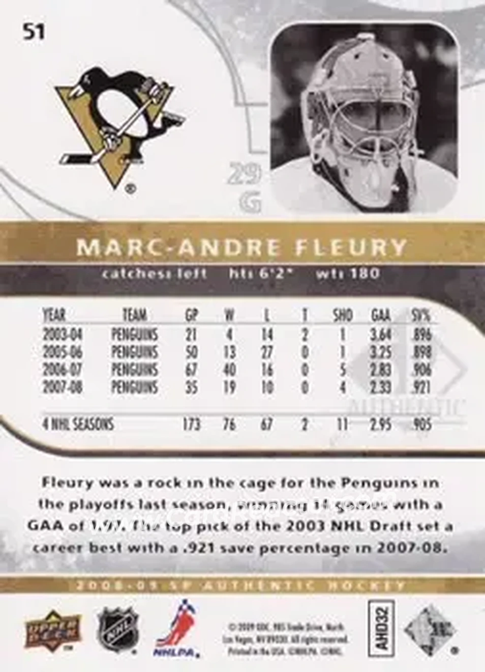 2008-09 SP Authentic #51 - Marc-Andre Fleury - Pittsburgh Penguins - Back 2008-09 SP Authentic #51 - Marc-Andre Fleury - Pittsburgh Penguins - Back