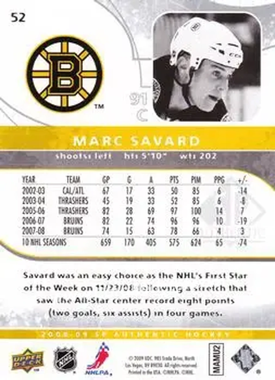 2008-09 SP Authentic #52 - Marc Savard - Boston Bruins - Back
