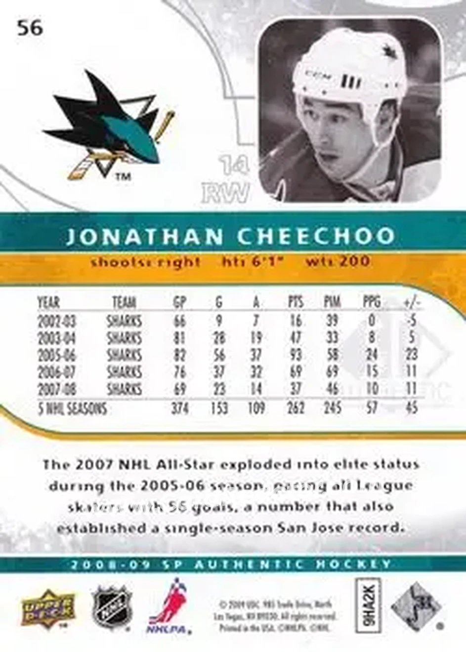 2008-09 SP Authentic #56 - Jonathan Cheechoo - San Jose Sharks - Back 2008-09 SP Authentic #56 - Jonathan Cheechoo - San Jose Sharks - Back