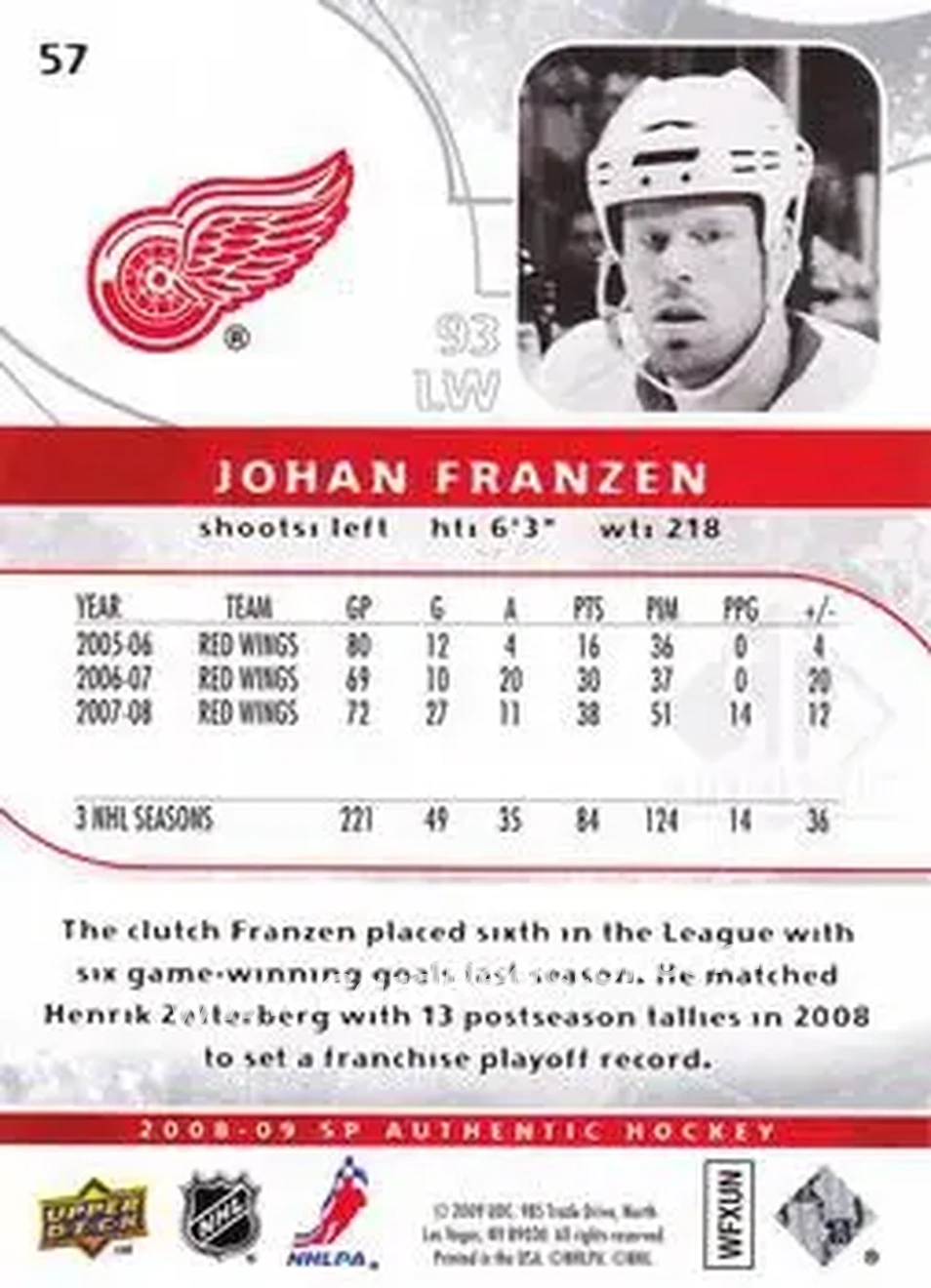2008-09 SP Authentic #57 - Johan Franzen - Detroit Red Wings - Back 2008-09 SP Authentic #57 - Johan Franzen - Detroit Red Wings - Back
