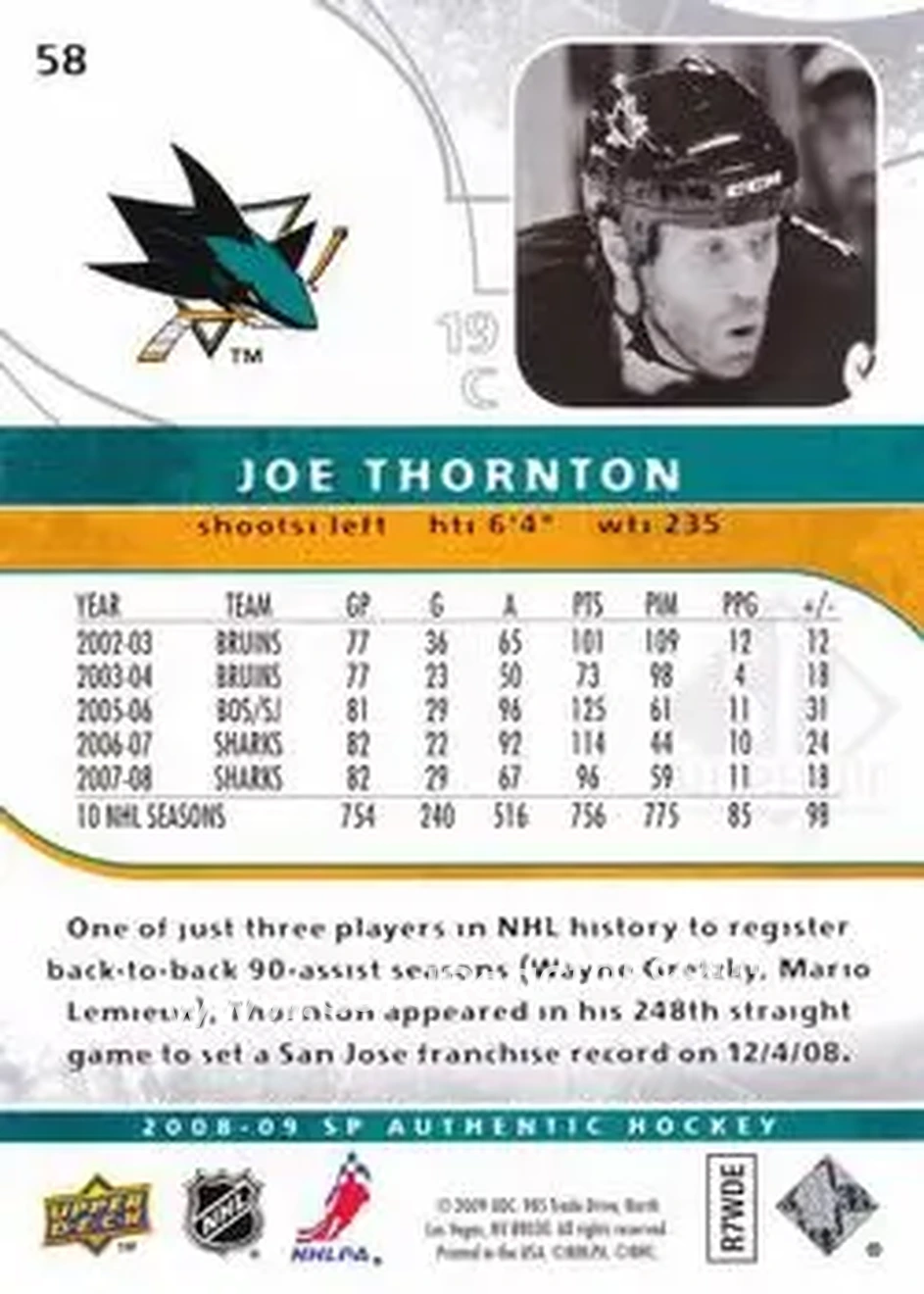 2008-09 SP Authentic #58 - Joe Thornton - San Jose Sharks - Back
