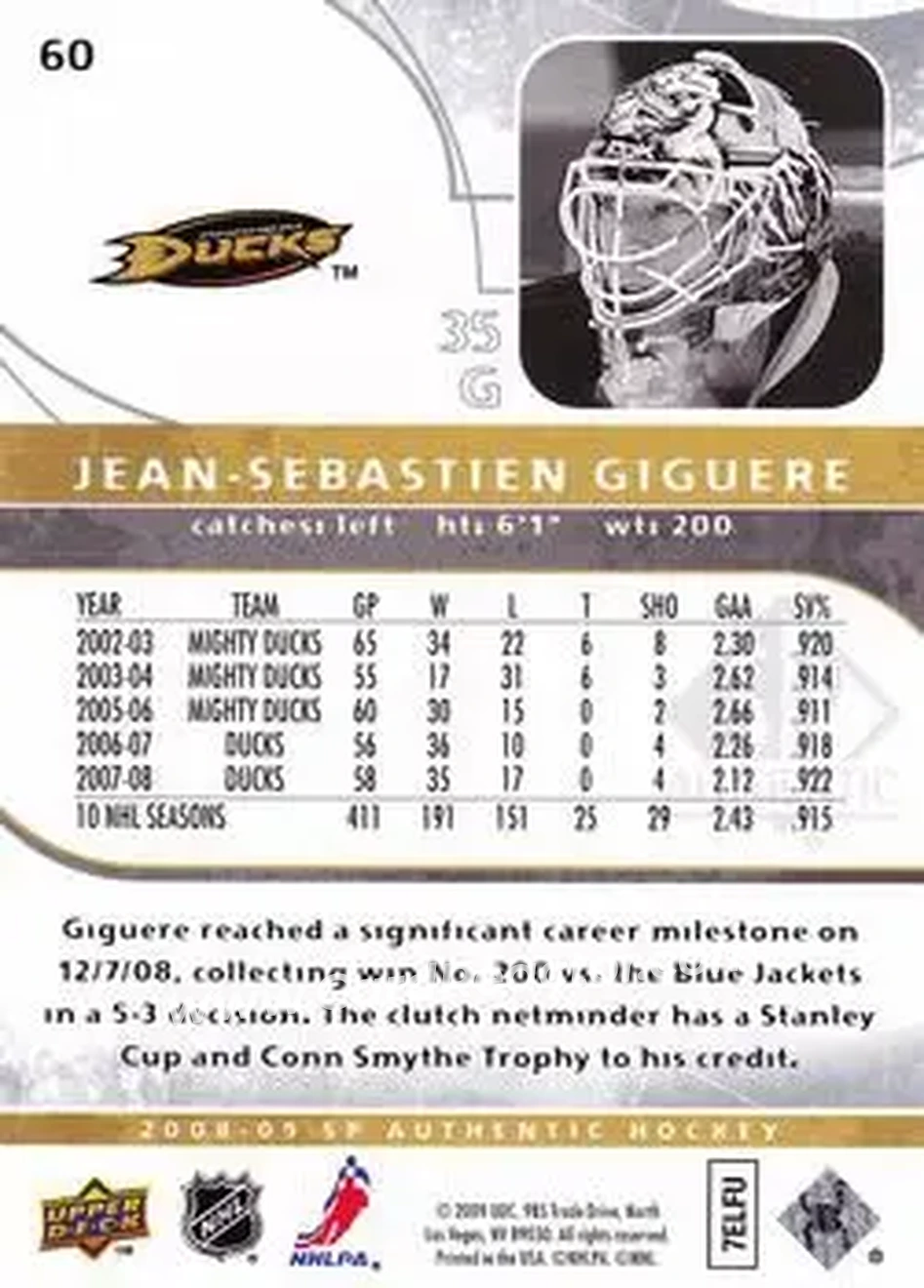 2008-09 SP Authentic #60 - Jean-Sebastien Giguere - Anaheim Ducks - Back 2008-09 SP Authentic #60 - Jean-Sebastien Giguere - Anaheim Ducks - Back