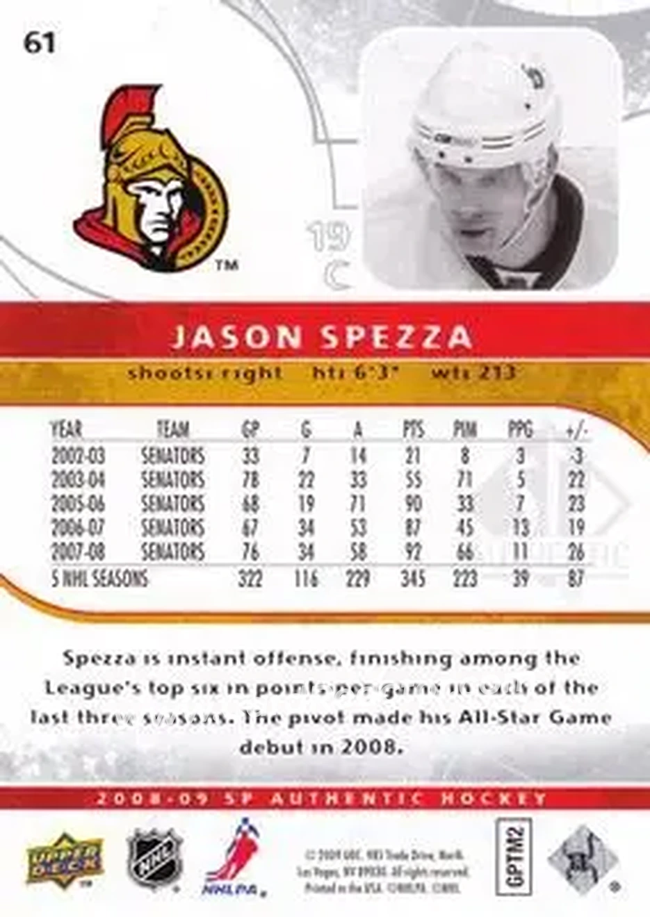 2008-09 SP Authentic #61 - Jason Spezza - Ottawa Senators - Back