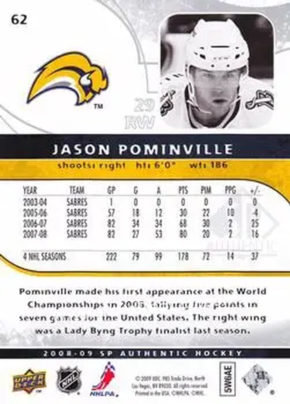 2008-09 SP Authentic #62 - Jason Pominville - Buffalo Sabres - Back 2008-09 SP Authentic #62 - Jason Pominville - Buffalo Sabres - Back