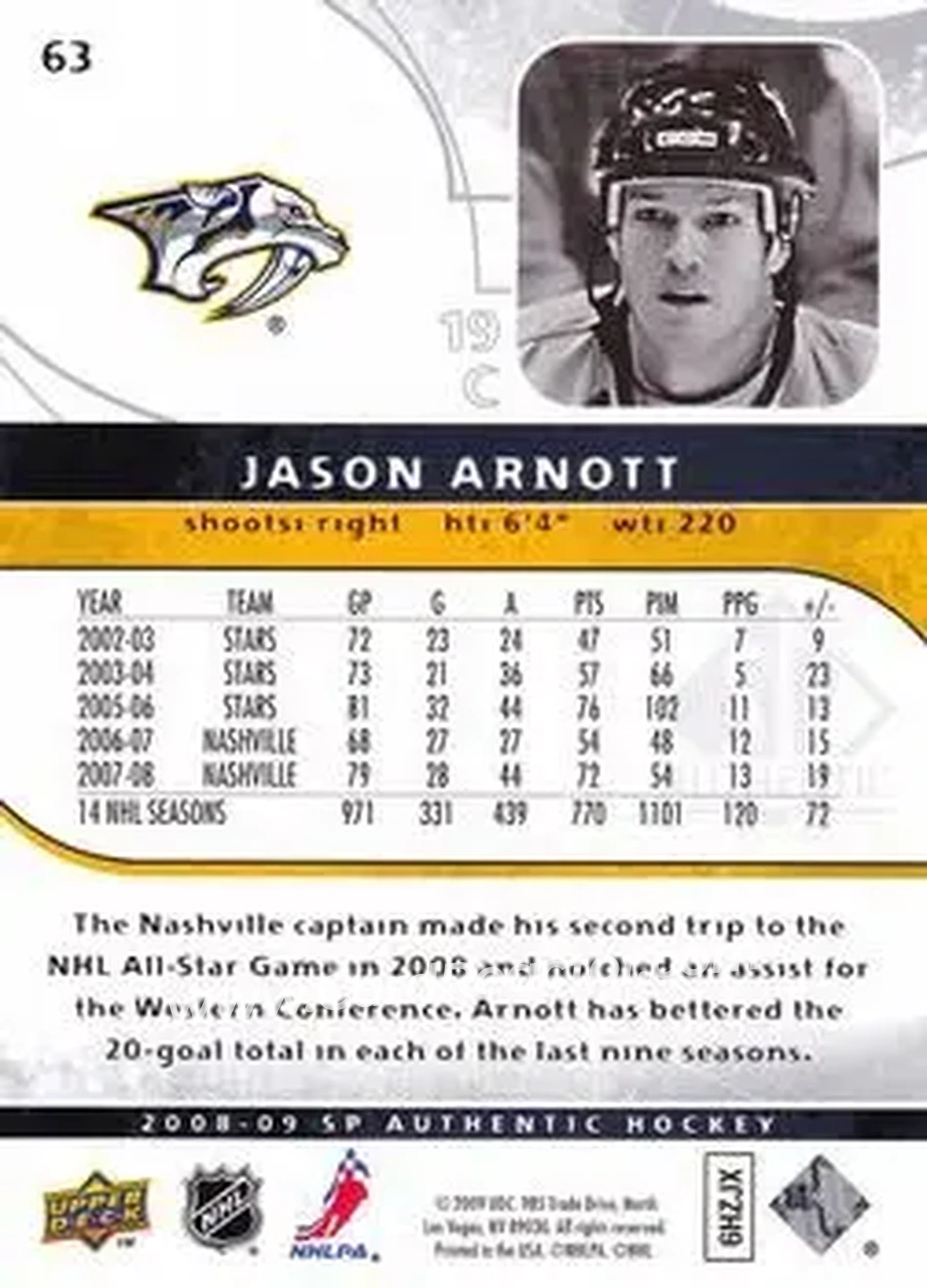 2008-09 SP Authentic #63 - Jason Arnott - Nashville Predators - Back