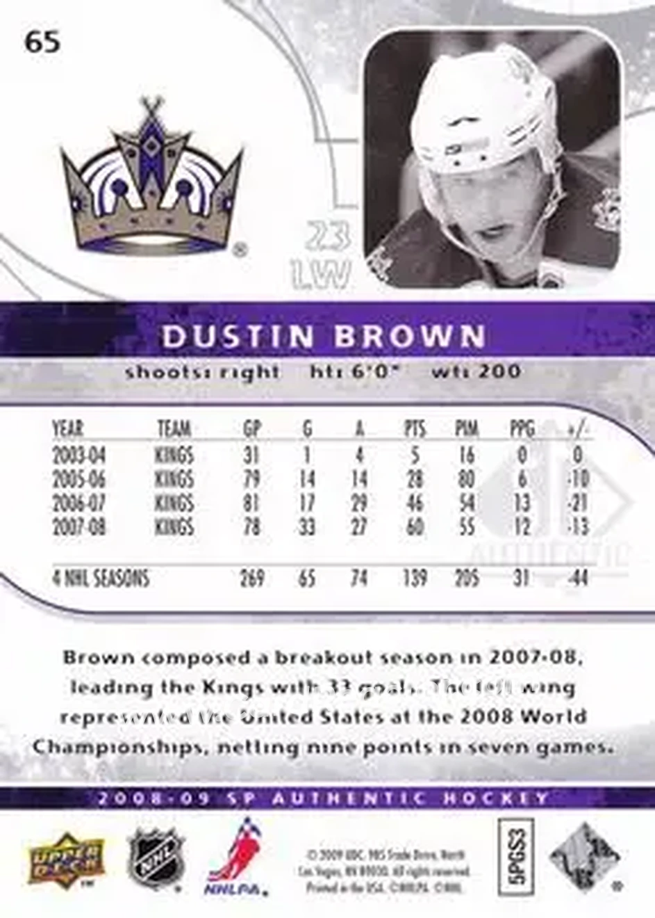 2008-09 SP Authentic #65 - Dustin Brown - Los Angeles Kings - Back