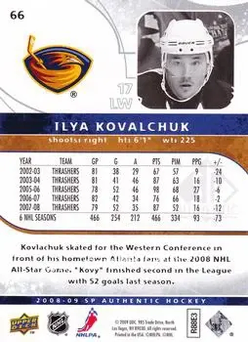 2008-09 SP Authentic #66 - Ilya Kovalchuk - Atlanta Thrashers - Back