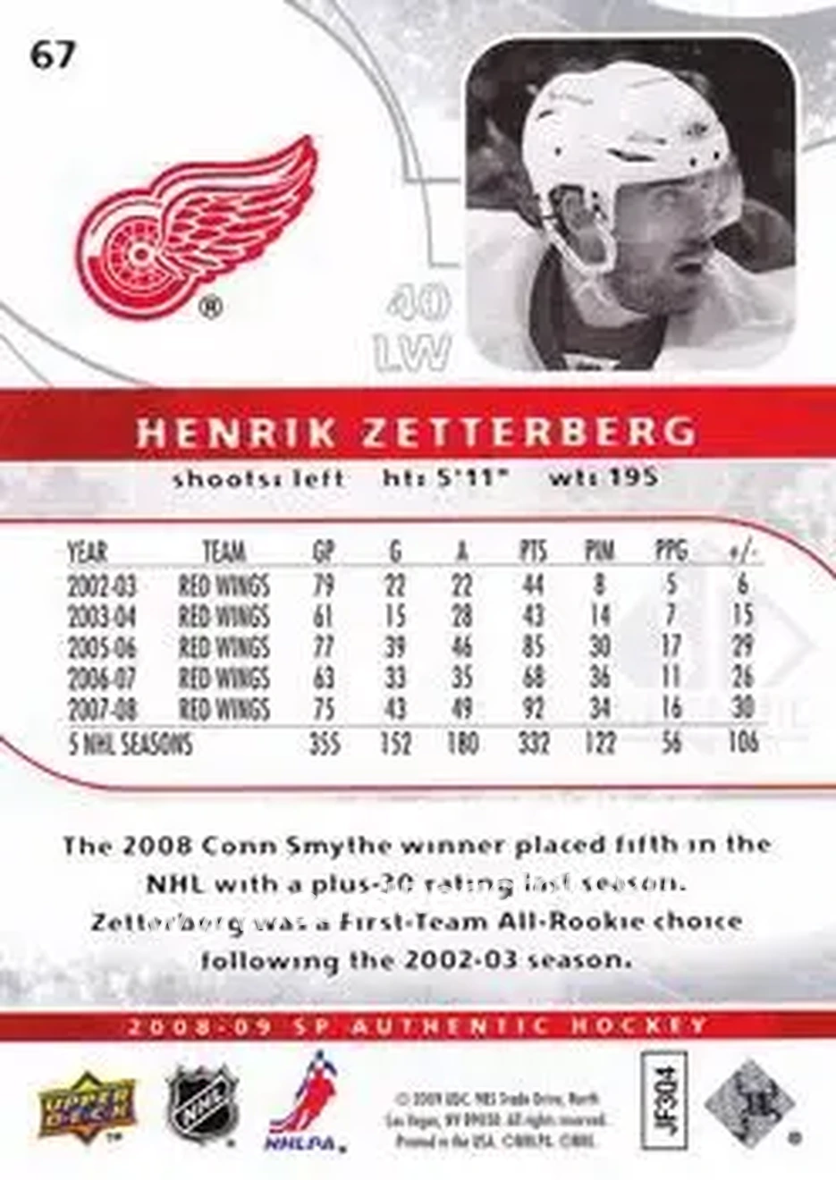 2008-09 SP Authentic #67 - Henrik Zetterberg - Detroit Red Wings - Back