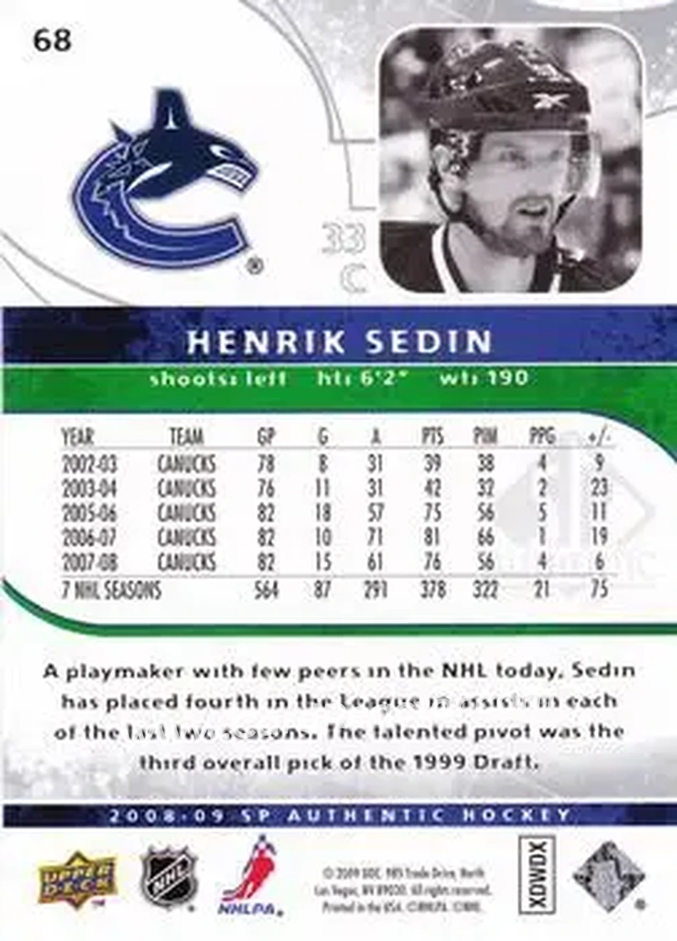 2008-09 SP Authentic #68 - Henrik Sedin - Vancouver Canucks - Back