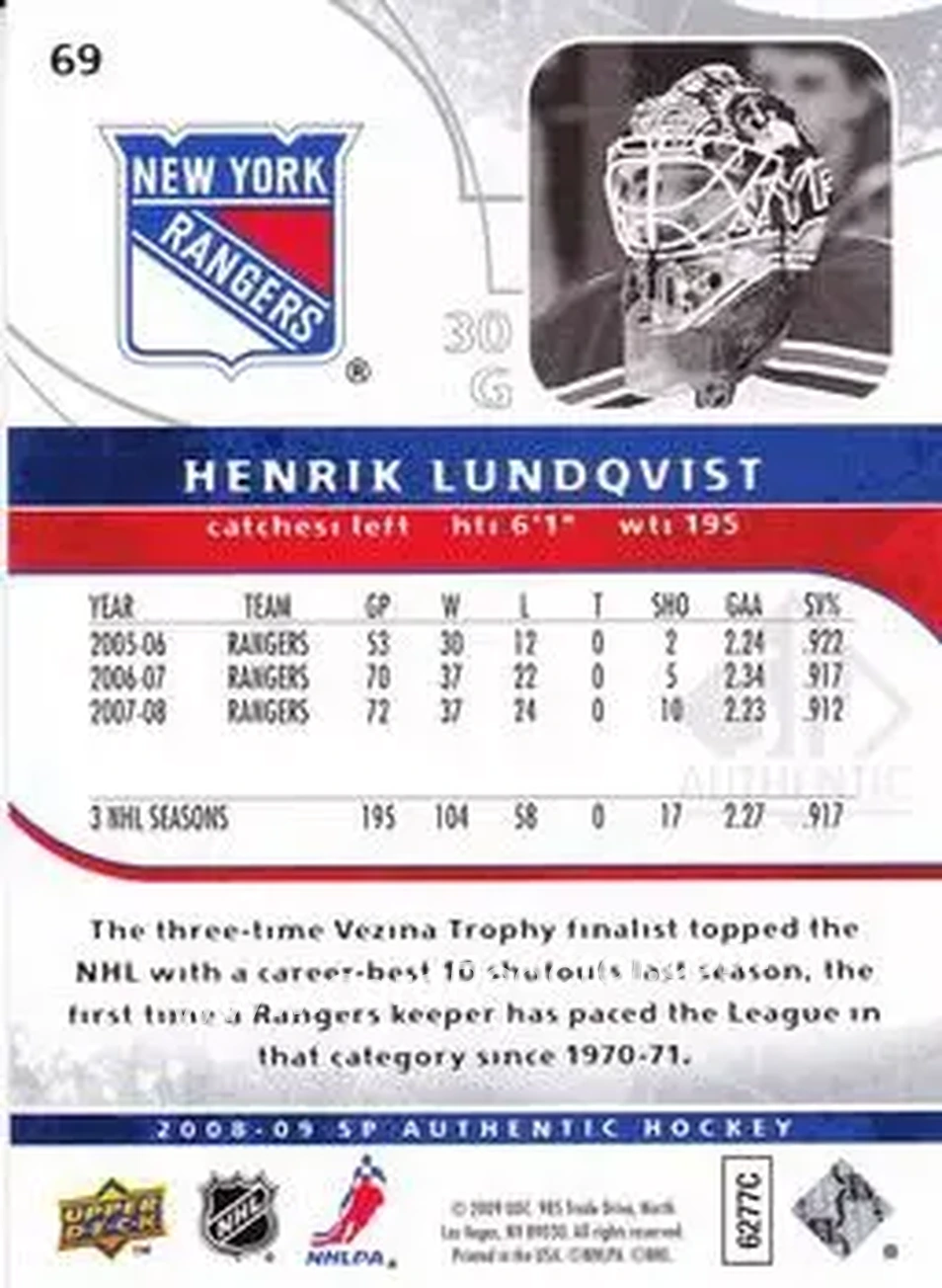 2008-09 SP Authentic #69 - Henrik Lundqvist - New York Rangers - Back 2008-09 SP Authentic #69 - Henrik Lundqvist - New York Rangers - Back
