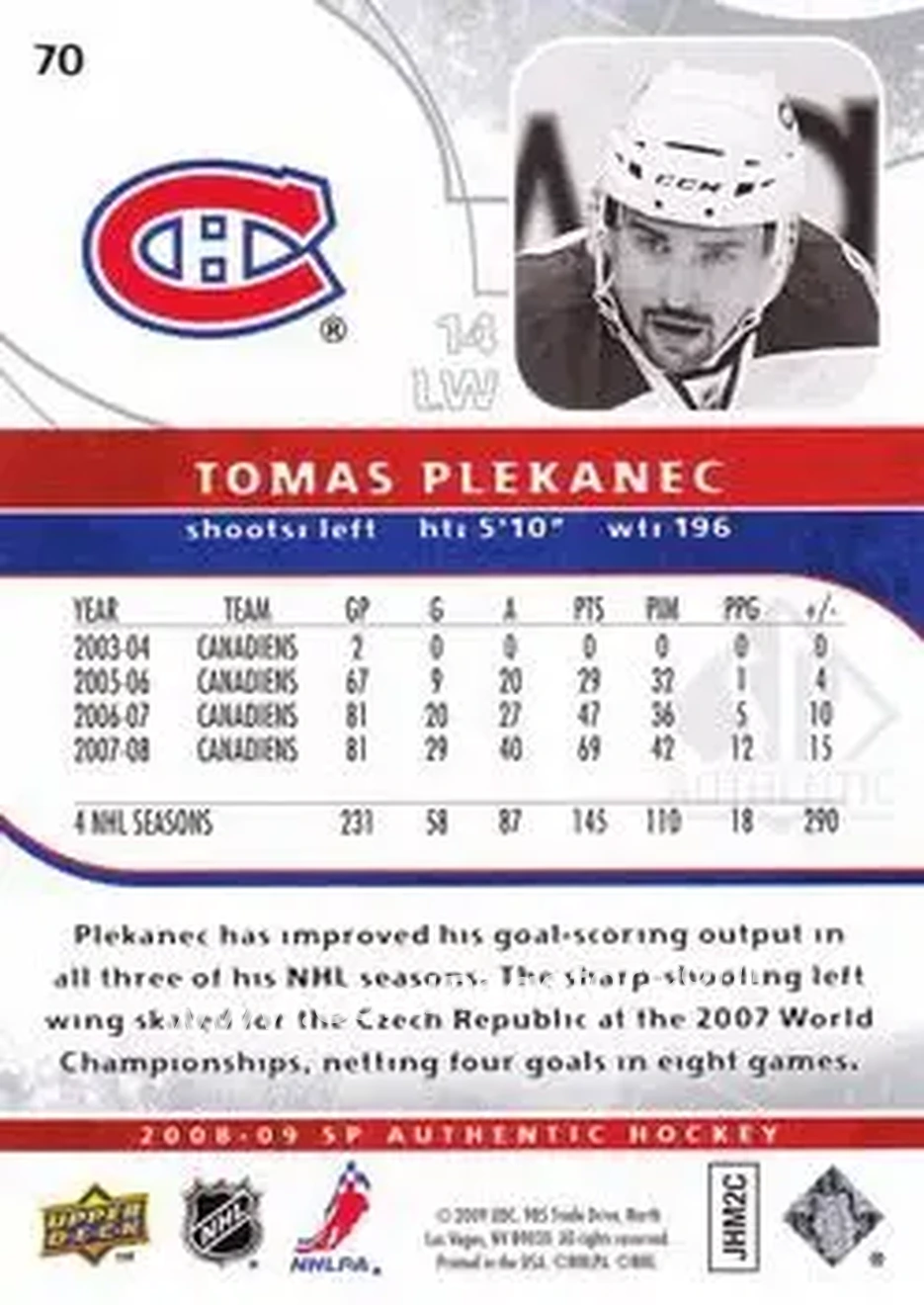 2008-09 SP Authentic #70 - Tomas Plekanec - Montreal Canadiens - Back