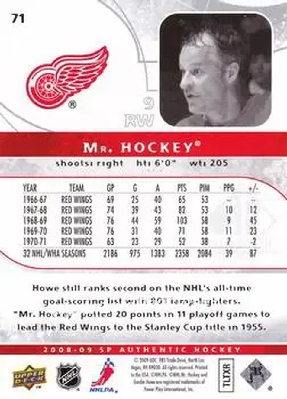 2008-09 SP Authentic #71 - Gordie Howe - Detroit Red Wings - Back