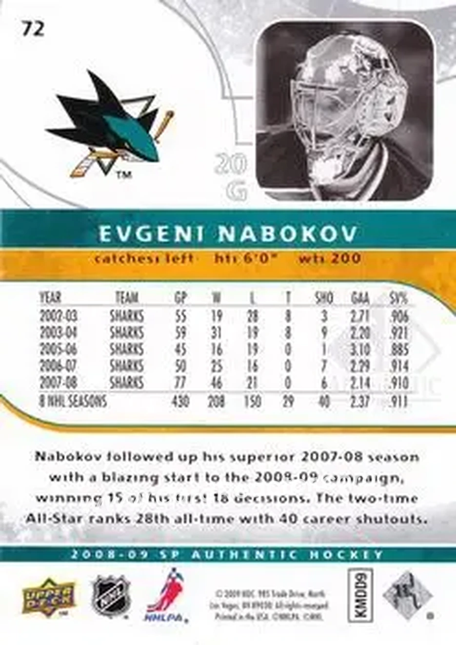 2008-09 SP Authentic #72 - Evgeni Nabokov - San Jose Sharks - Back