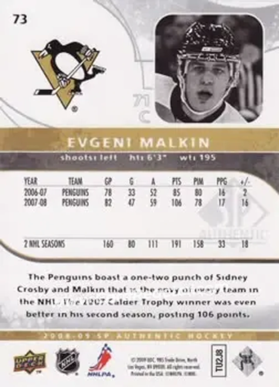 2008-09 SP Authentic #73 - Evgeni Malkin - Pittsburgh Penguins - Back